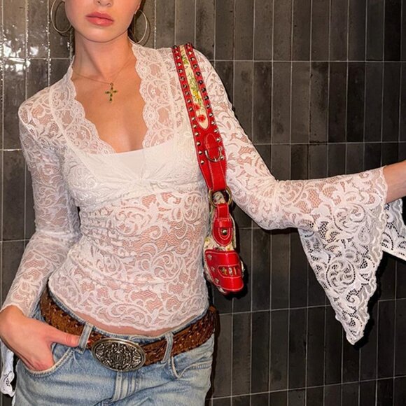 ✨ NEW White Y2K Sheer Lace Bell Sleeve Top - Picture 4 of 10